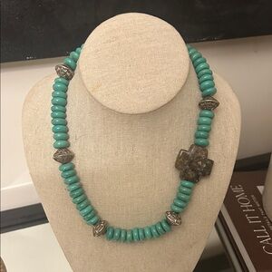Turquoise Beaded Necklace with Silver Accents and Stone Cross